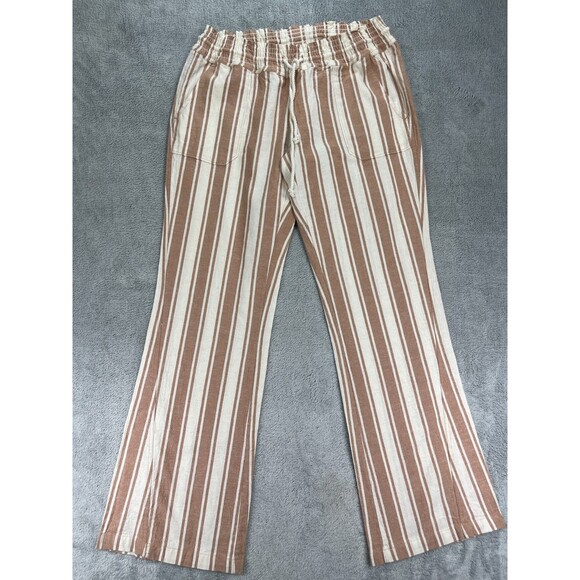 Roxy Oceanside Beach Pants Womens Large Brown White Striped Flared Leg Low Rise - Picture 1 of 16